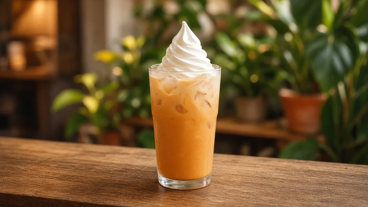 Iced Thai milk tea topped with a swirl of soft serve, a Cloud-style drink