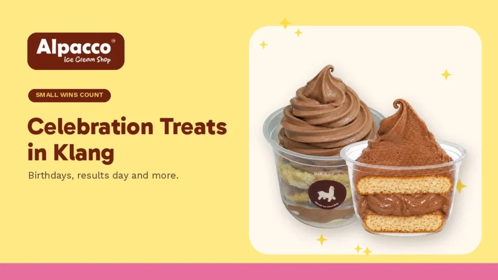 Two Alpacco chocolate soft serve cake dessert cups, a celebration dessert in Klang