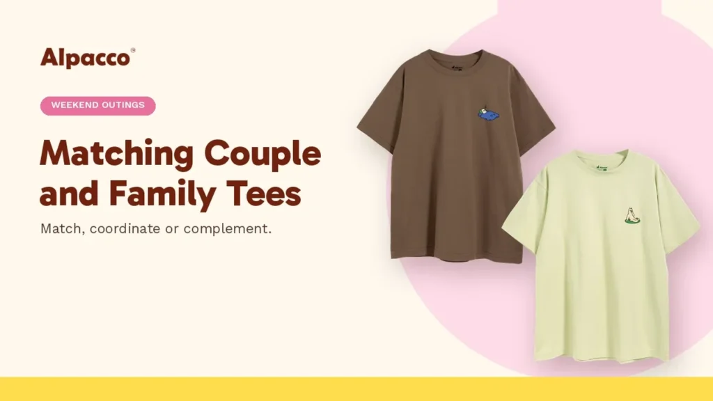 Two Alpacco MT Mood Tees in coffee brown and pistachio green as a coordinated couple t-shirt set