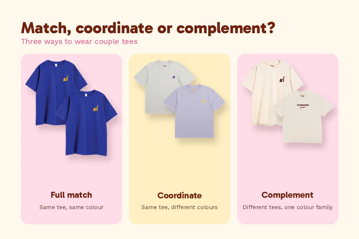Couple t-shirt ideas with Alpacco tees: full match in royal blue, coordinated Logo Tees, and complementary cream tones
