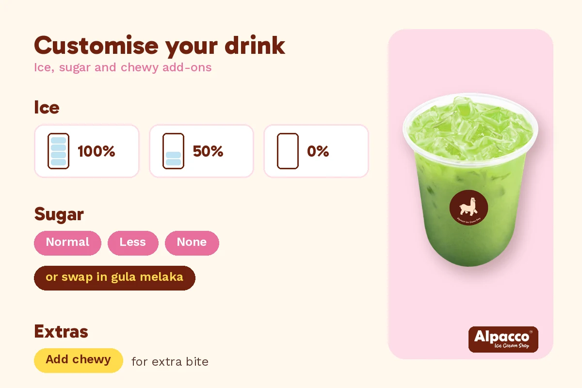 How to customise a drink with less sugar at Alpacco: ice at 100, 50 or 0 percent, sugar options and chewy add-ons, beside an iced Thai green tea