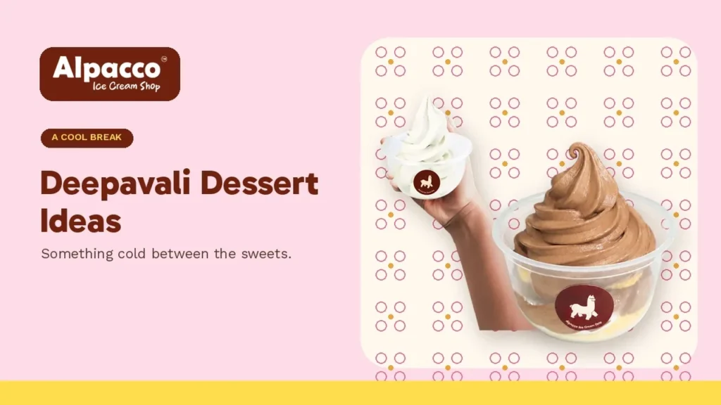 A hand holding Alpacco milk soft serve and a chocolate soft serve cup with a festive dot pattern, Deepavali dessert ideas