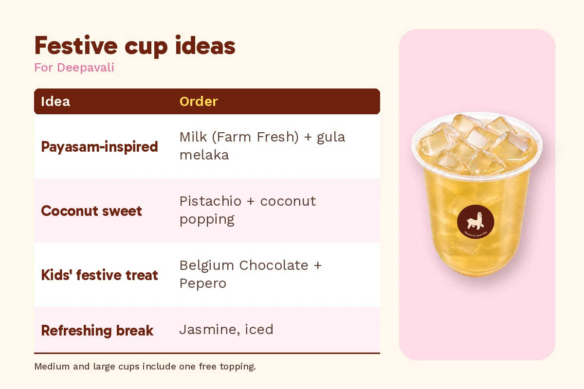 Deepavali dessert festive cup ideas at Alpacco, beside an iced jasmine tea