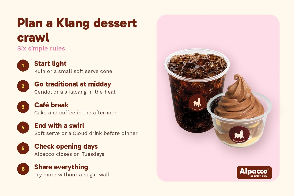 Klang dessert crawl tips in six steps beside an Alpacco combo of iced coffee, mini donuts and chocolate soft serve