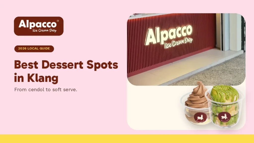 The lit Alpacco Ice Cream Shop sign on the counter in Taman Desa Idaman, with a chocolate soft serve cup and a pistachio glazed donut dessert cup, for dessert in Klang