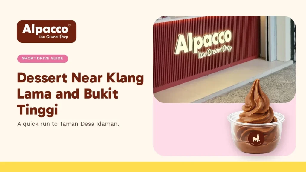 The Alpacco Ice Cream Shop counter sign in Taman Desa Idaman with a chocolate soft serve cup, a dessert stop near Klang Lama and Bukit Tinggi