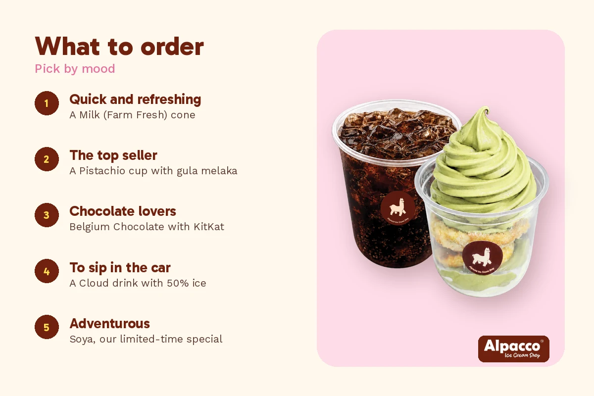 What to order for dessert near Klang Lama and Bukit Tinggi, beside an Alpacco combo of iced coffee, mini donuts and pistachio soft serve