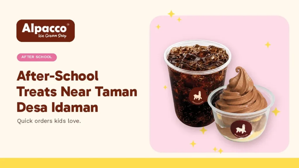 An Alpacco combo of iced coffee, mini donuts and chocolate soft serve, an after-school dessert near me in Klang