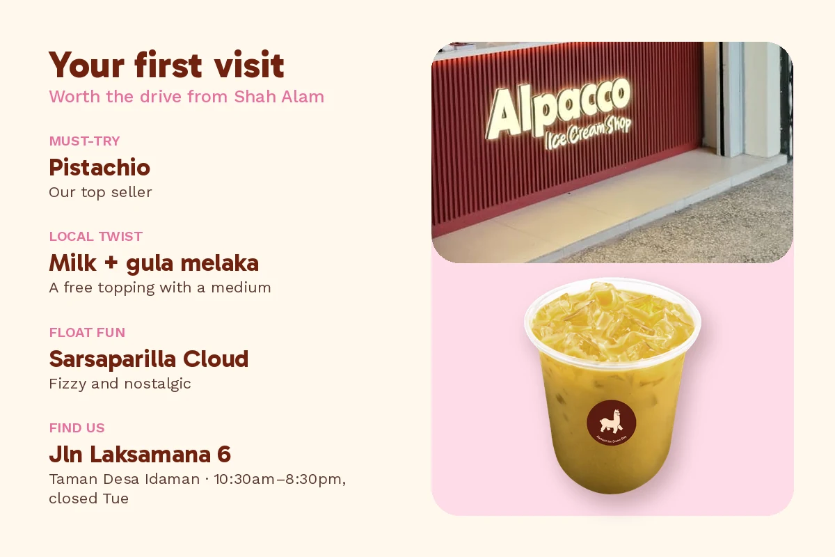 Dessert near Shah Alam: first-visit orders at Alpacco Ice Cream Shop with its address and hours, beside the shop sign and an iced Floral Brew