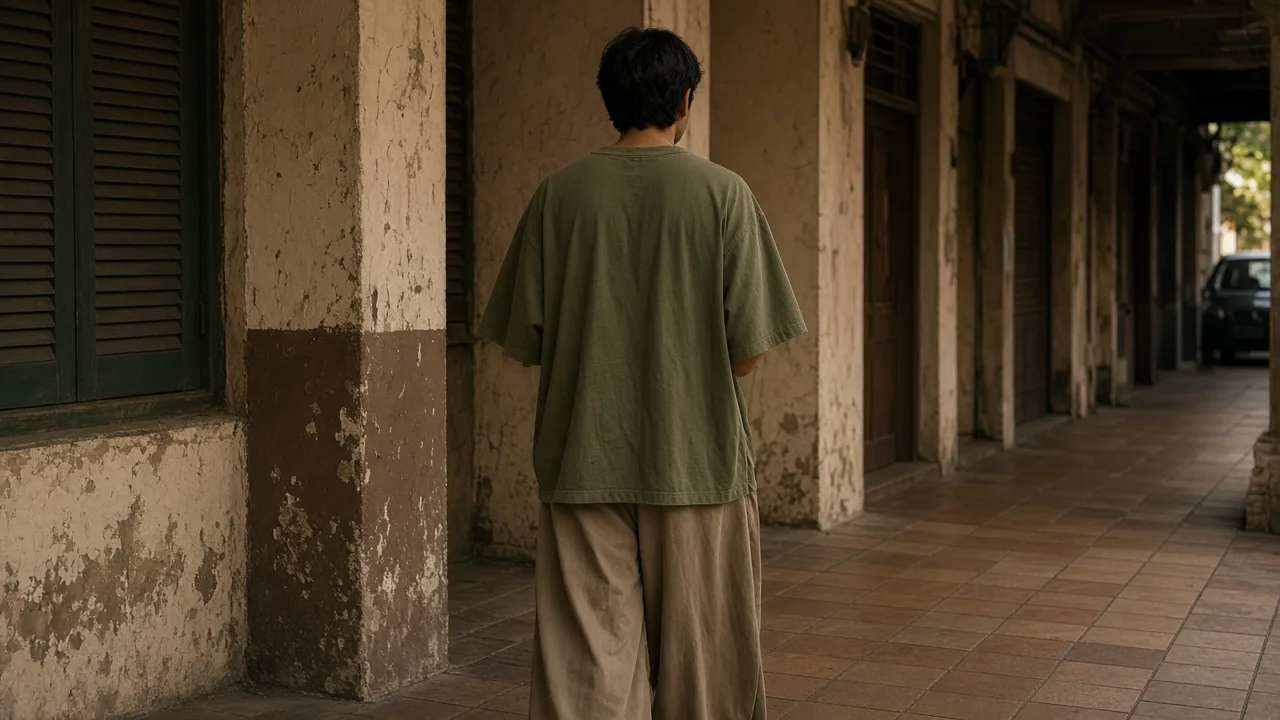 Back view of a person in an oversized green drop-shoulder tee on a shophouse walkway