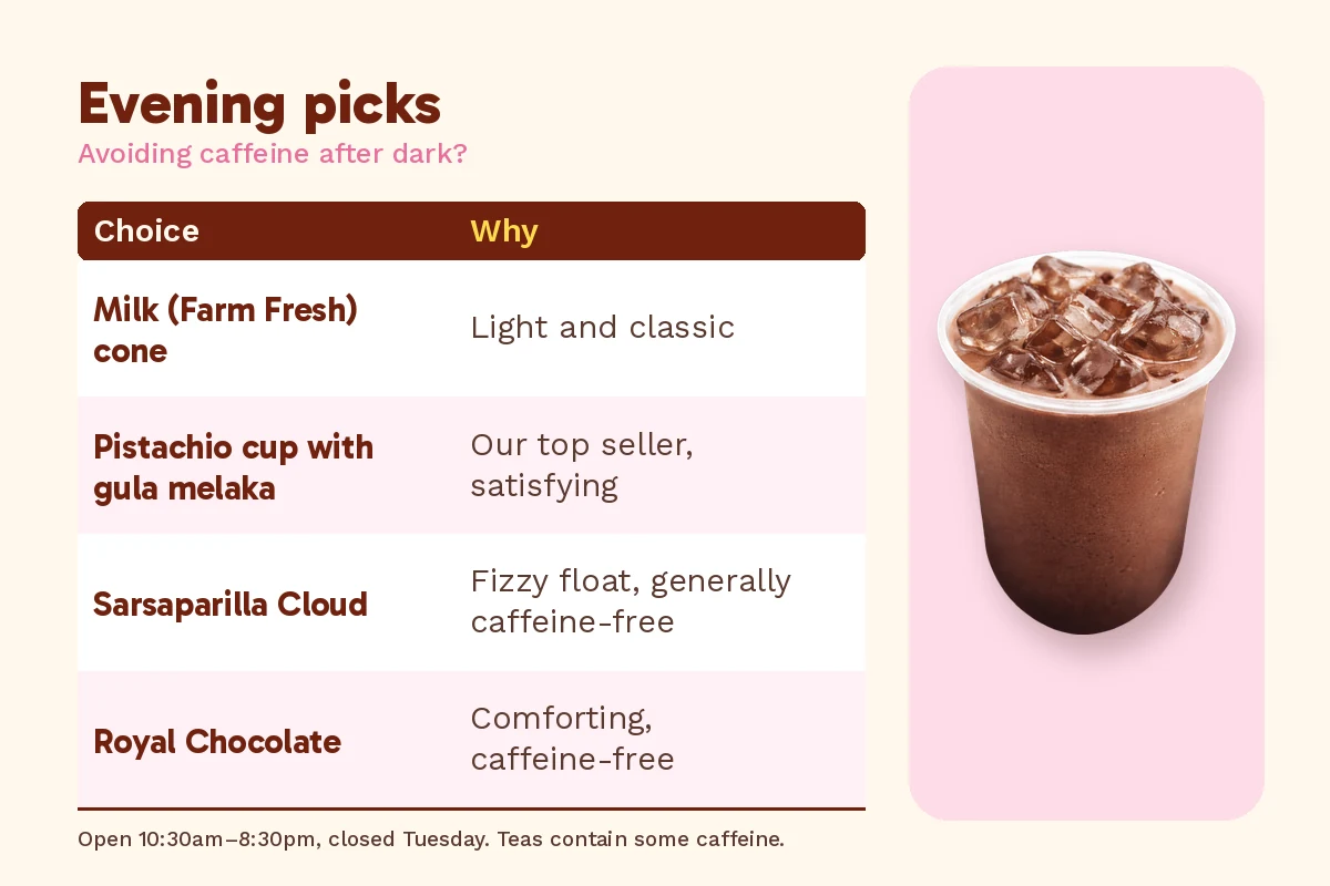 Evening dessert in Klang picks without caffeine, beside an Alpacco iced Royal Chocolate, with hours 10:30am to 8:30pm, closed Tuesday