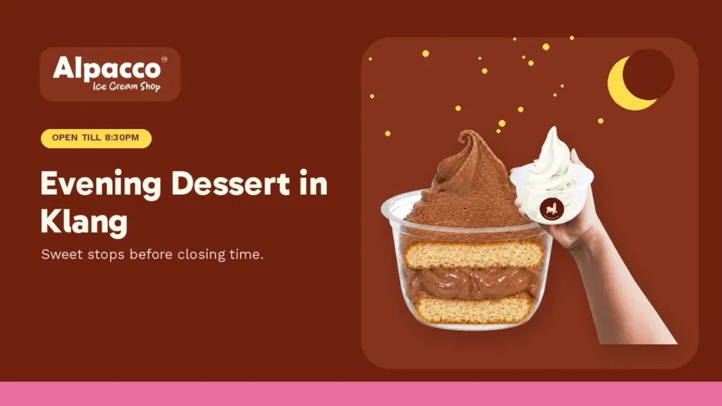 An Alpacco layered chocolate soft serve cup and a hand holding milk soft serve, for evening dessert in Klang before 8:30pm