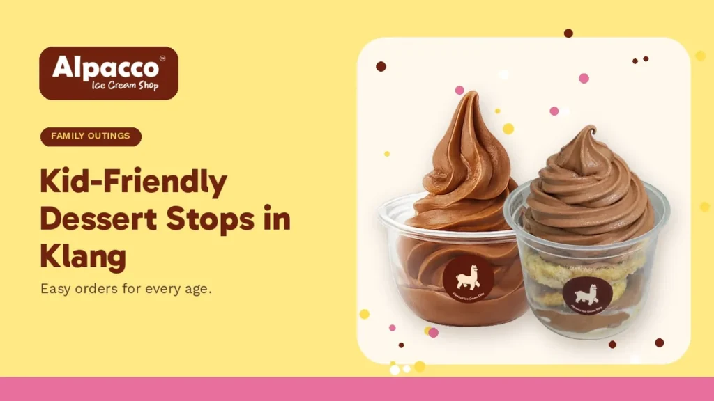 An Alpacco chocolate soft serve cup and a chocolate soft serve cake dessert cup, kid-friendly treats at a family cafe in Klang