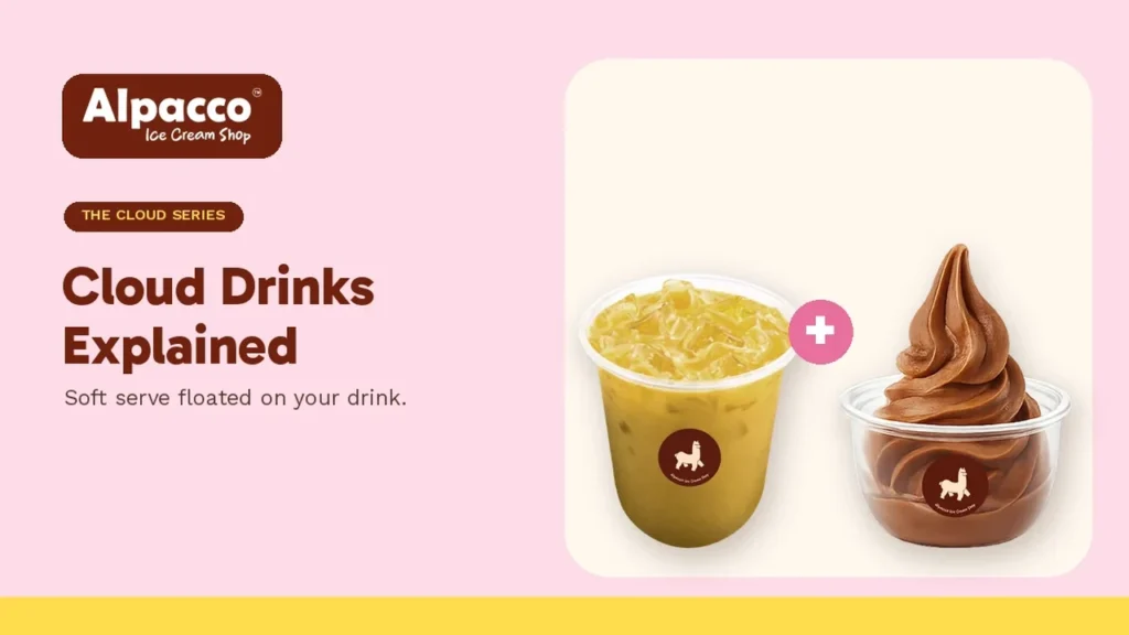 Alpacco Floral Brew iced coffee plus a chocolate soft serve cup, illustrating how a Cloud float drink in Malaysia is put together