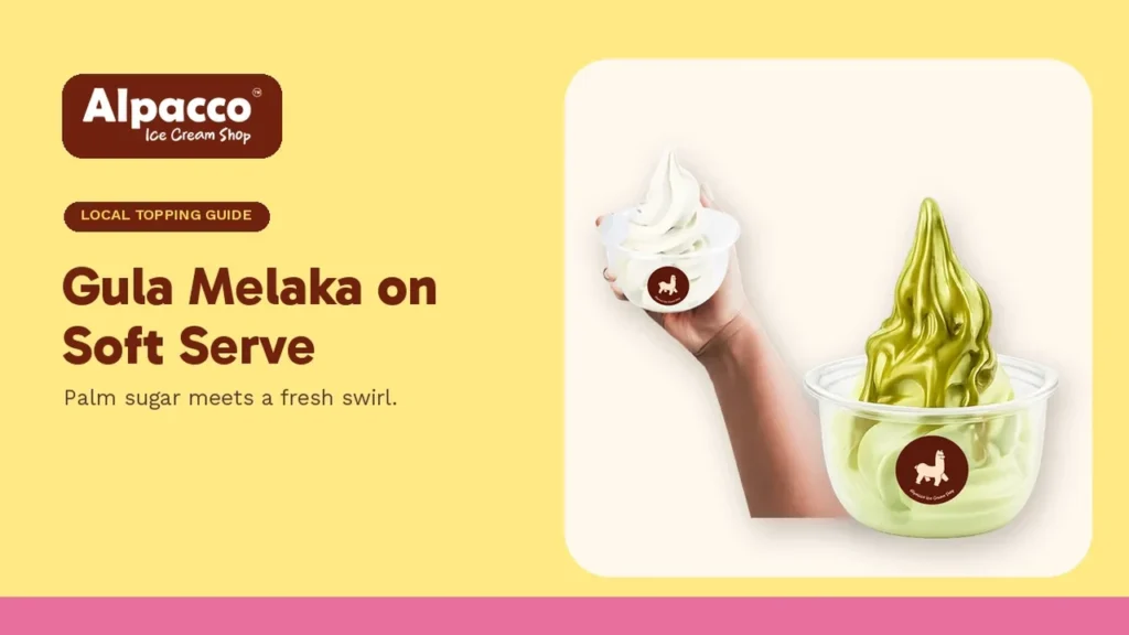 A hand holding Alpacco milk soft serve beside a pistachio soft serve cup, two flavours that pair well with gula melaka