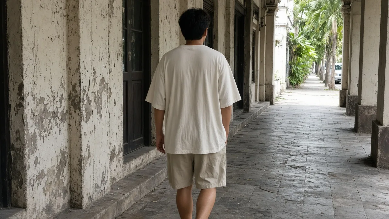 Person in a loose light-coloured heavyweight cotton tee walking through a shaded Malaysian five-foot way