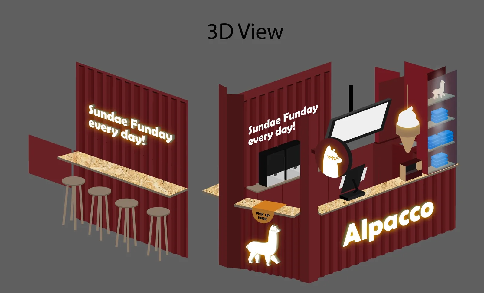 3D render of the Alpacco ice cream kiosk with the Sundae Funday every day! sign