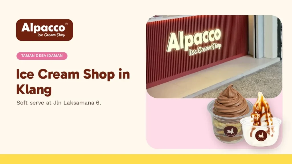 The lit Alpacco Ice Cream Shop sign on the counter of our ice cream shop in Klang, with chocolate and soya soft serve cups