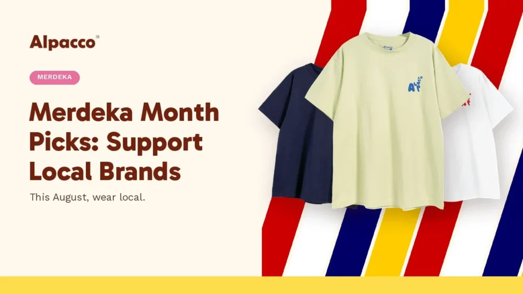 Alpacco local brand tees in navy, white and goose yellow for Merdeka, with red, white, blue and yellow stripes