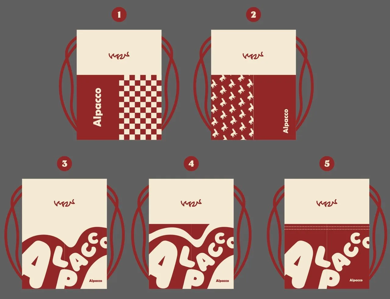 Five Alpacco drawstring bag designs in maroon and cream with the Alpacco logo and alpaca pattern