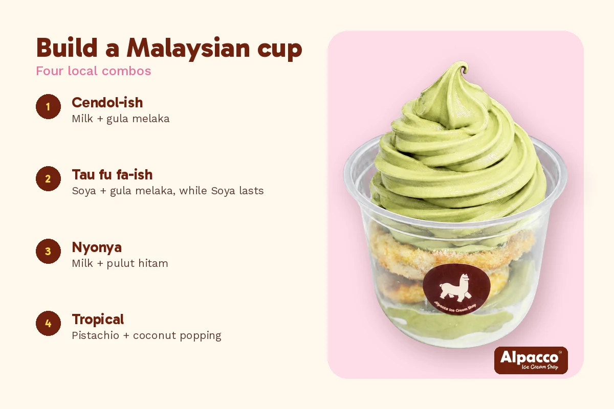 Malaysian flavour ice cream combos at Alpacco: cendol-ish, tau fu fa-ish, Nyonya and tropical, beside a pistachio soft serve dessert cup