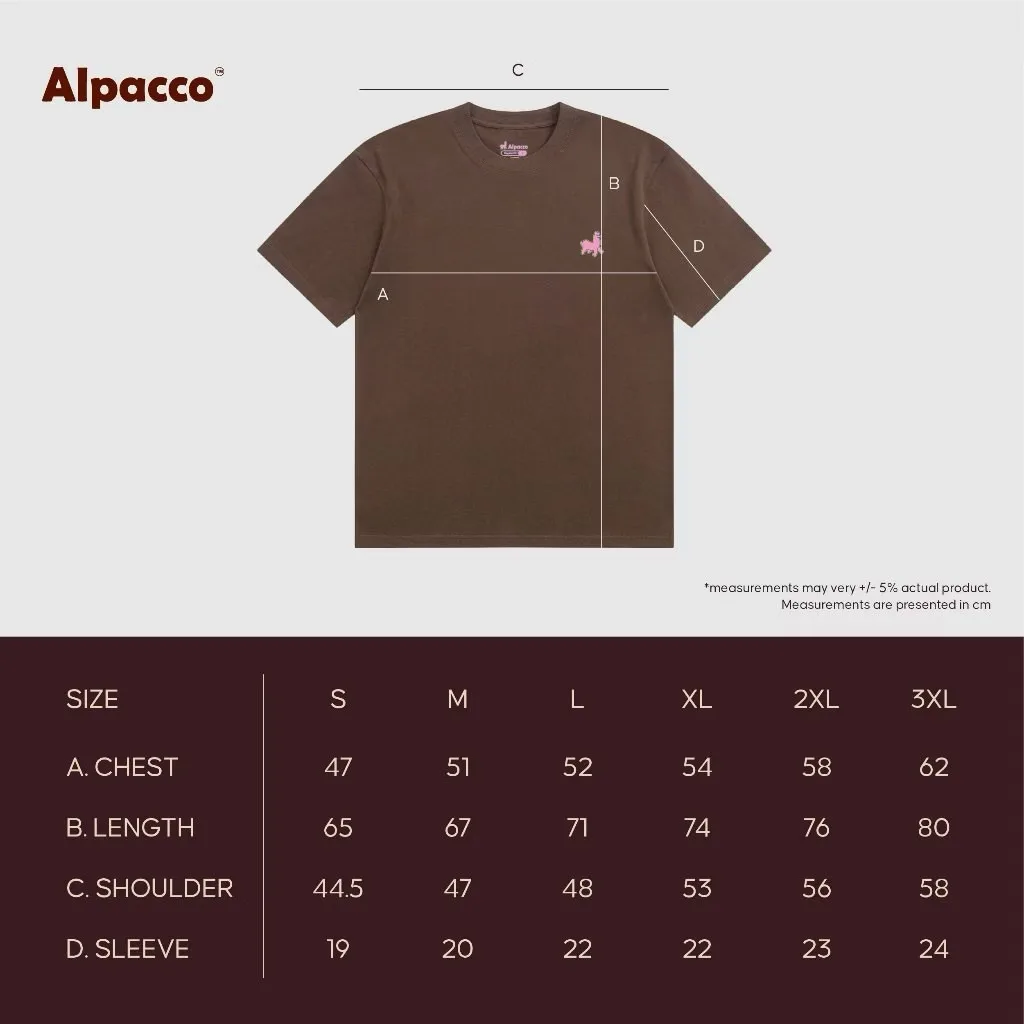 Alpacco Logo Tee regular fit size chart with chest, length, shoulder and sleeve measurements in cm for sizes S to 3XL