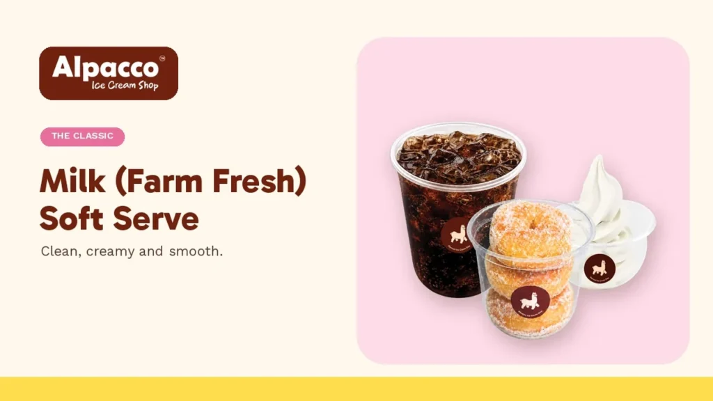 Alpacco milk soft serve served with iced coffee and mini donuts, the classic milk soft serve in Klang