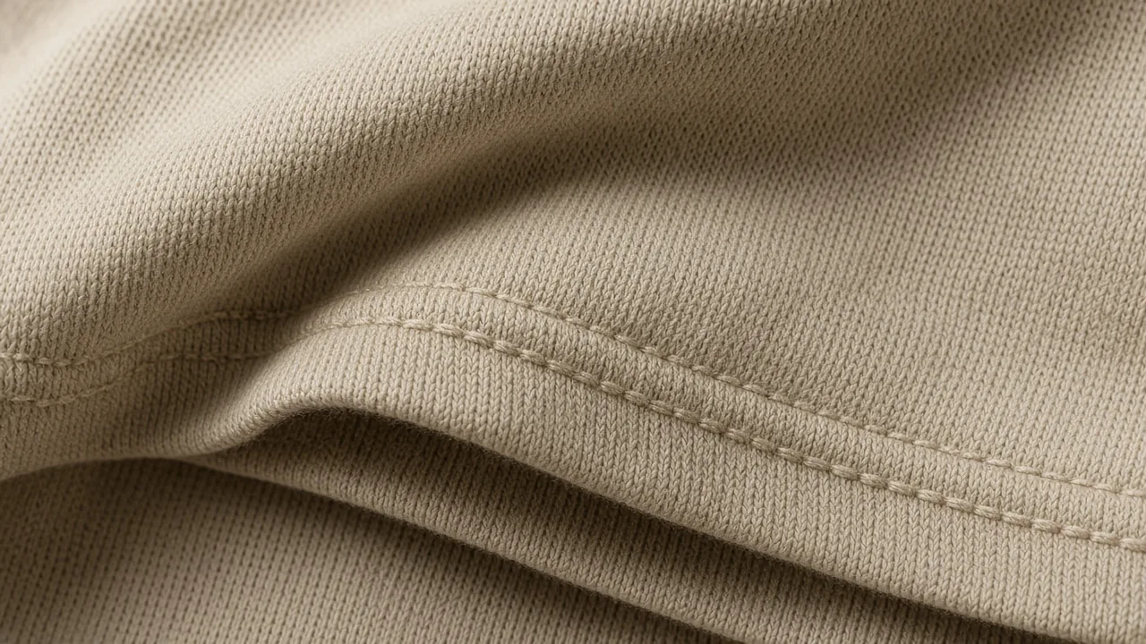 Close-up of thick cotton jersey fabric with a double-stitched hem