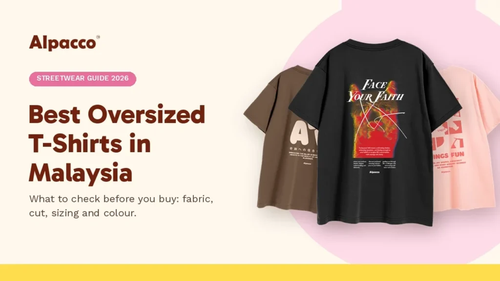 Three Alpacco AG260 oversized graphic tees in black, coffee brown and light pink, shown from the back with their prints