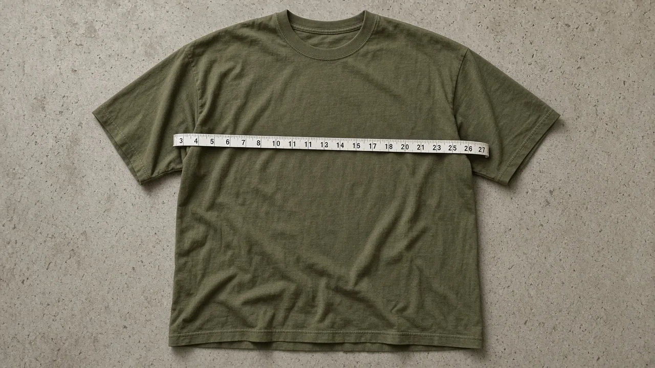 Army green oversized t-shirt laid flat with a measuring tape across the chest