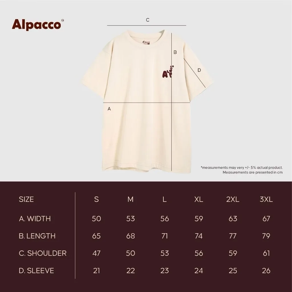Alpacco MT Mood Tee oversized size chart showing width, length, shoulder and sleeve measurements in cm for sizes S to 3XL