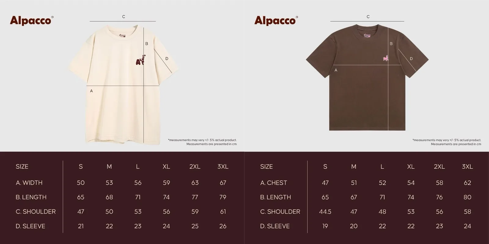 Alpacco MT Mood Tee oversized size chart beside the Logo Tee regular fit size chart, both in cm for sizes S to 3XL