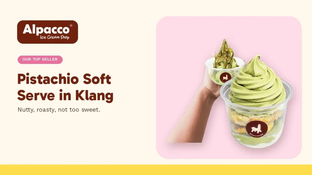 A hand holding a cup of Alpacco pistachio soft serve beside a pistachio soft serve dessert cup, our top seller in Klang