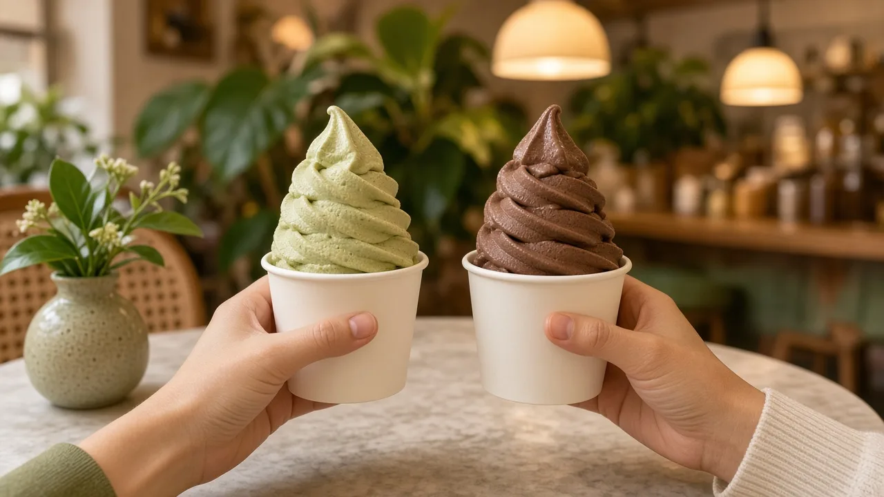 Pistachio and chocolate soft serve cups held up in a cosy dessert shop
