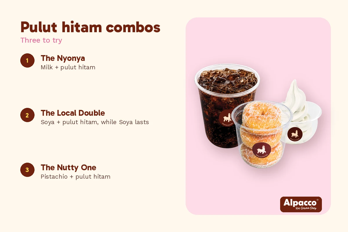 Pulut hitam ice cream combos to try at Alpacco: milk, soya and pistachio, beside an Alpacco milk soft serve with iced coffee and mini donuts
