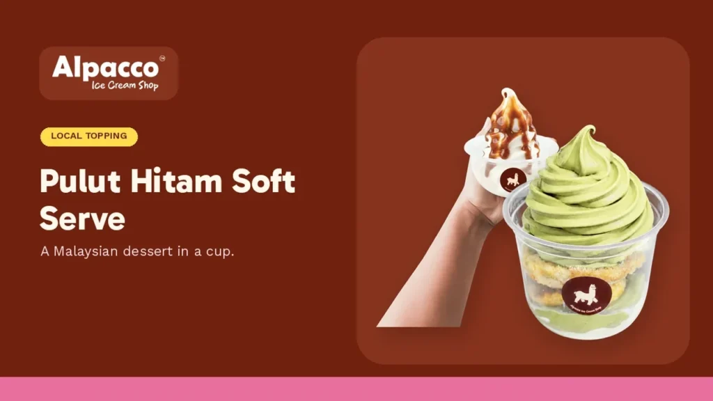 A hand holding Alpacco soya soft serve beside a pistachio soft serve dessert cup, flavours to pair with a pulut hitam topping