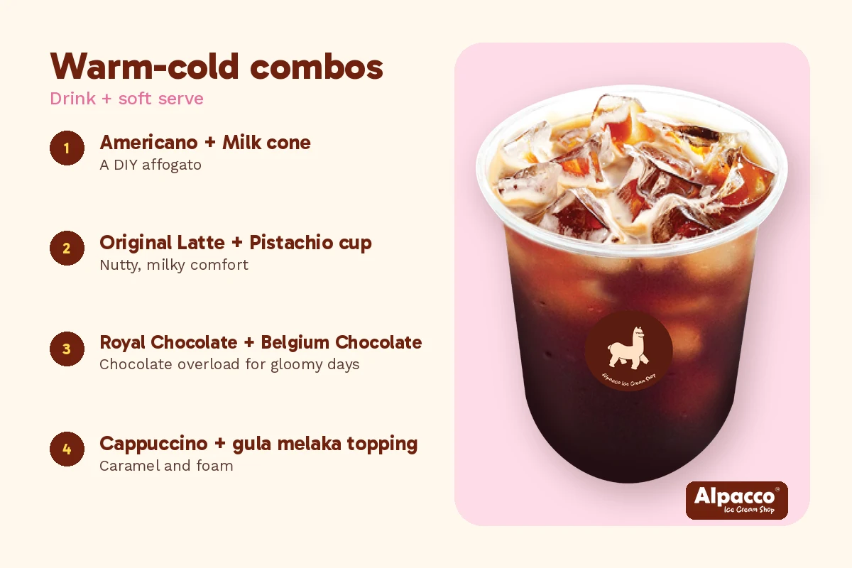 Rainy day dessert in Klang: four drink and soft serve combos, beside an Alpacco iced americano