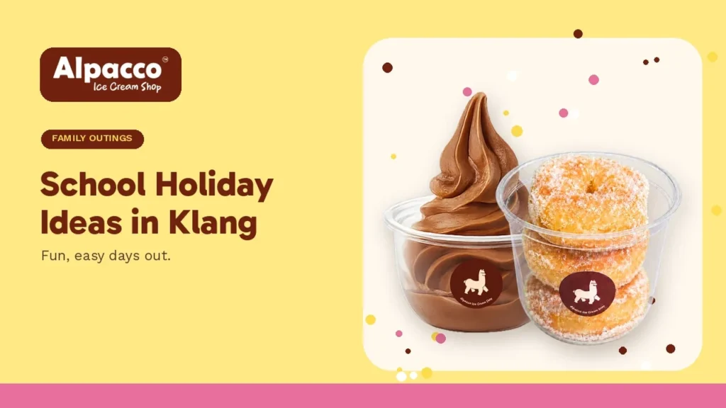 An Alpacco chocolate soft serve cup and a cup of mini sugar donuts, a treat for school holiday activities in Klang