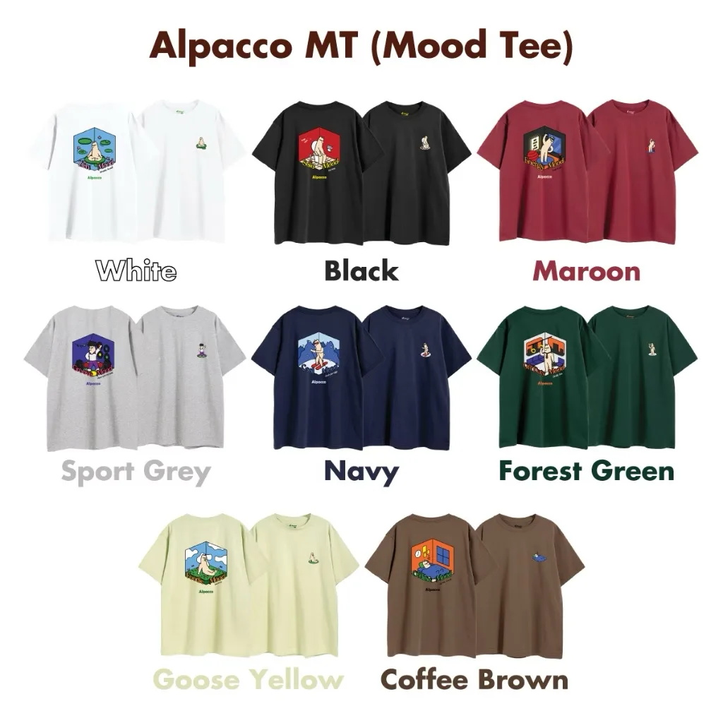 Alpacco MT Mood Tee colour range in White, Black, Maroon, Sport Grey, Navy, Forest Green, Goose Yellow and Coffee Brown, front and back