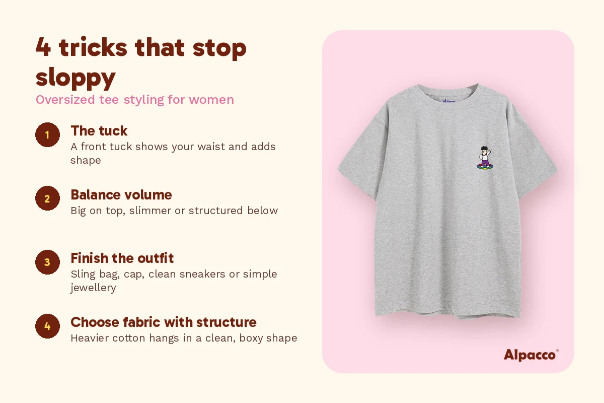 Four streetwear outfit ideas for women: the tuck, balance volume, finish the outfit and structured fabric, with an Alpacco grey tee