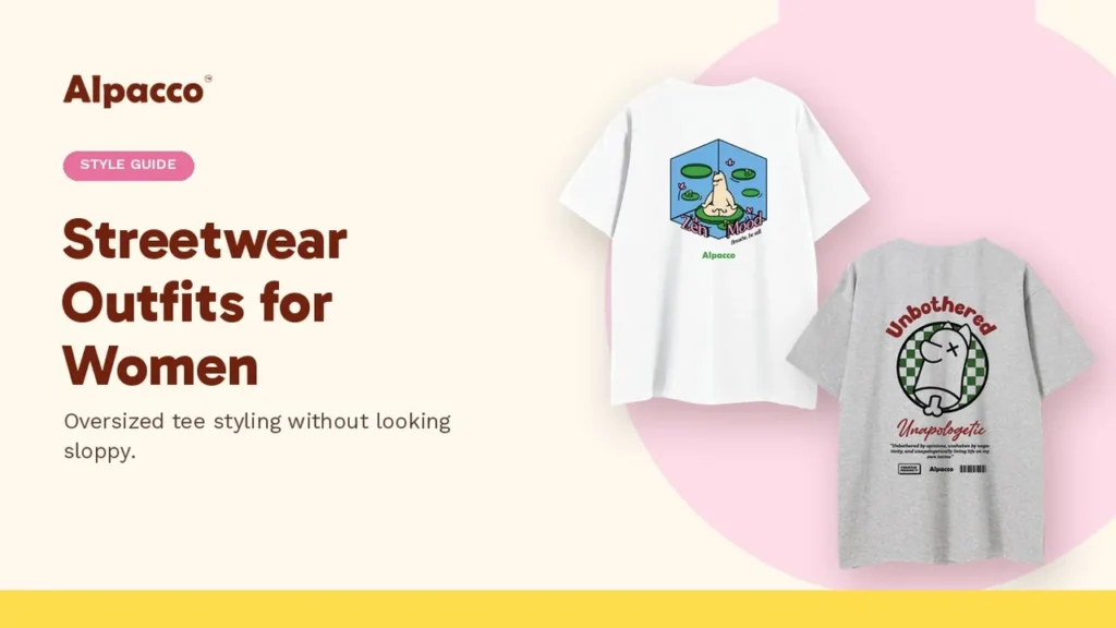 Alpacco oversized tees in white and light grey with back prints for women's streetwear outfit ideas