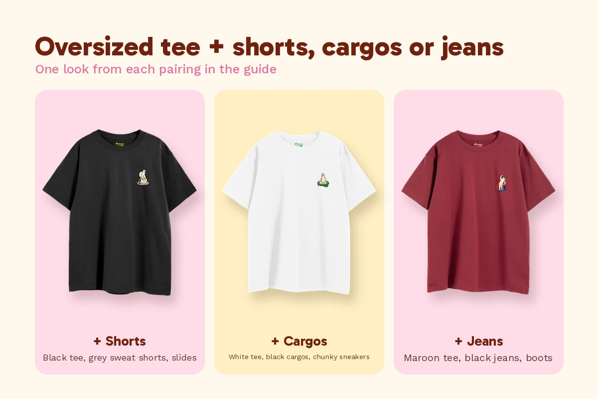 Three men's streetwear outfits with Alpacco oversized tees: black tee with shorts, white tee with cargos, maroon tee with jeans
