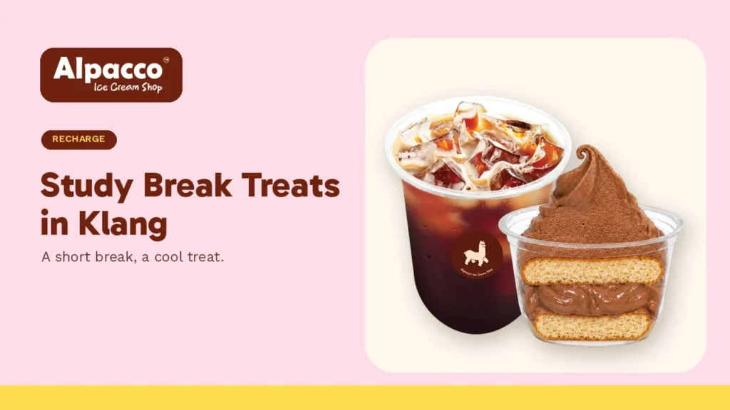 An Alpacco iced americano and a layered chocolate soft serve cup, a study break treat in Klang