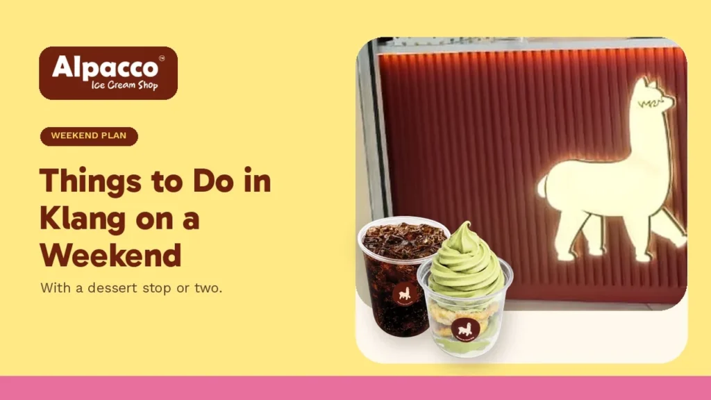 The glowing alpaca sign on the Alpacco Ice Cream Shop counter with an iced coffee, mini donuts and pistachio soft serve combo, a dessert stop among things to do in Klang