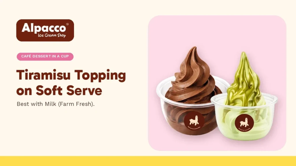 Alpacco chocolate and pistachio soft serve cups, flavours to pair with a tiramisu topping in Klang
