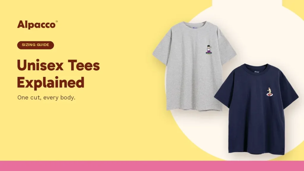 Two Alpacco unisex MT Mood Tees in heather grey and navy for a unisex t-shirt sizing guide