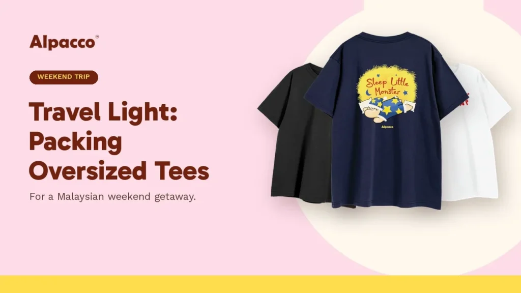 Black, white and navy graphic Alpacco tees showing what to pack for a weekend trip in Malaysia