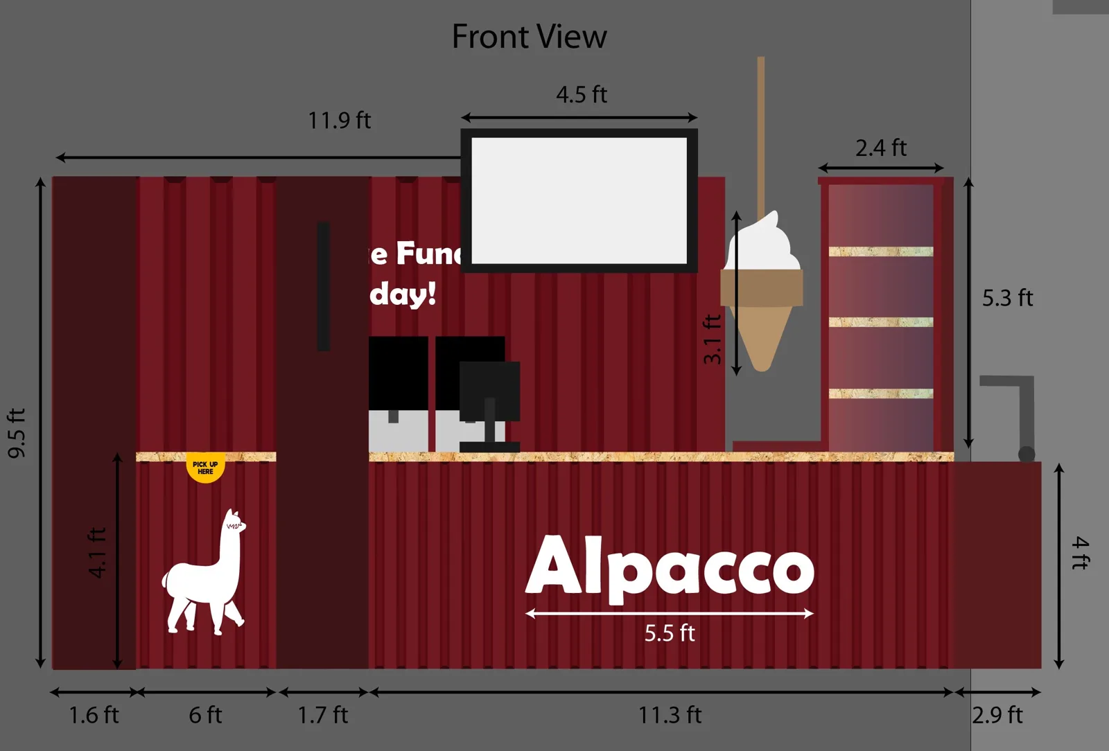3D render front view of the Alpacco ice cream kiosk